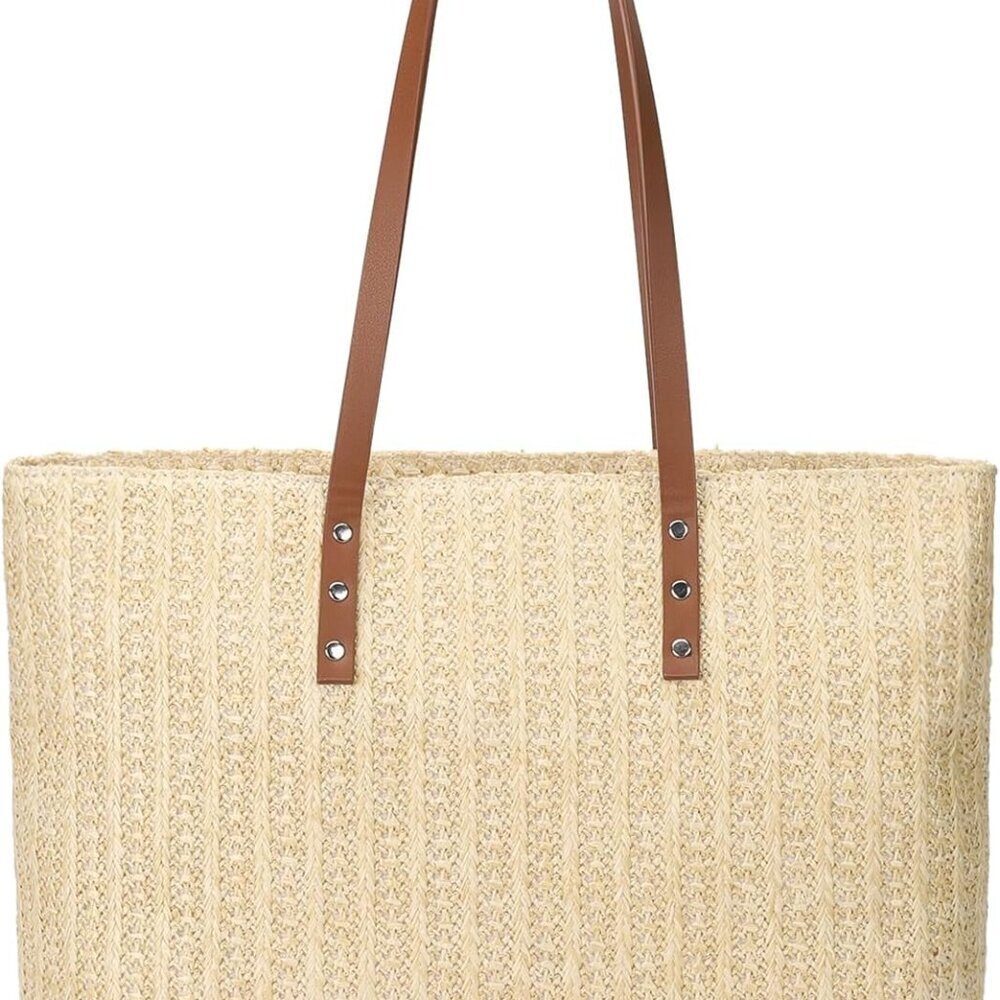 Straw Beach Bag Women Travel Tote Summer Purse Woven Shoulder Handbag